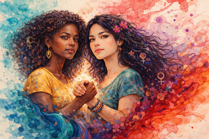 Två kvinnor håller varandras händer, omgivna av färgstarka vattenfärger i blått och rött.