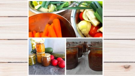 Kollage med färska grönsaker i skålar och inlagda grönsaker i glasburkar på ett bord.