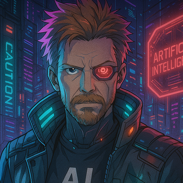 Tecknad man med cybernetiskt öga och futuristisk jacka i neonupplyst stadsmiljö.