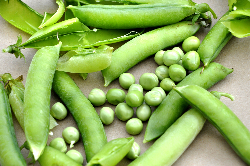 Färska gröna ärtskidor och lösa ärtor ligger utspridda på ett bord.