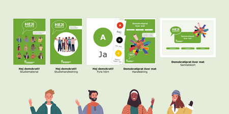 Illustration av studiematerial och handledningar om demokrati, samt fyra tecknade personer som vinkar längst ner.