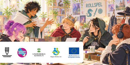 Fem unga personer spelar rollspel runt ett bord i en färgglad, växtfylld miljö. Illustration i anime-stil.