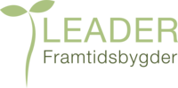 Grön logotyp med ordet 'LEADER' där L:et är utformat som en växt med två blad.