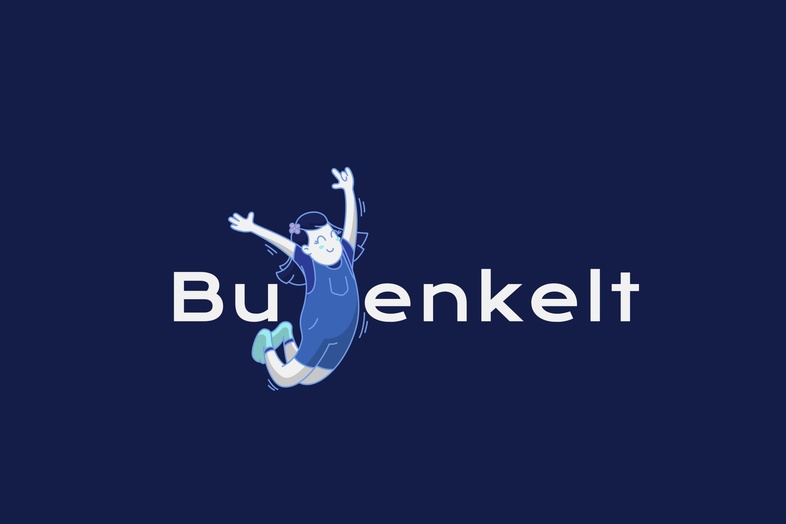 Illustration av en hoppande person i blått med texten 'Burenkelt' på mörkblå bakgrund.