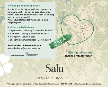Informationsblad om studiecirklar i kommunpolitik i Sala, med datum, plats och kontaktuppgifter.