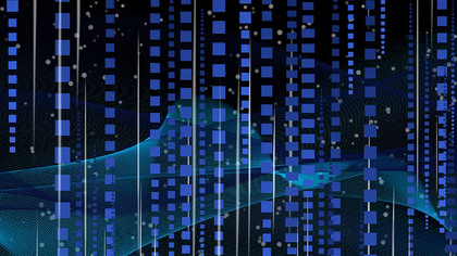 Abstrakt digitalt mönster med blå rutor och linjer mot en mörk bakgrund.