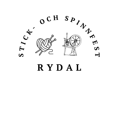 Logotyp med texten 'Stick- och Spinnfest Rydal', illustration av garnnystan med stickor och en spinnrock.