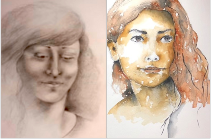 Två konstnärliga porträtt i olika tekniker, ett i blyerts och ett i akvarell, sida vid sida.
