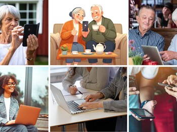 Sex bilder visar människor i olika åldrar som använder digitala enheter som mobil, surfplatta och laptop.