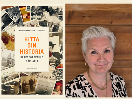 Bokomslag till 'Hitta din historia: släktforskning för alla' och en person med kort grått hår mot trävägg.