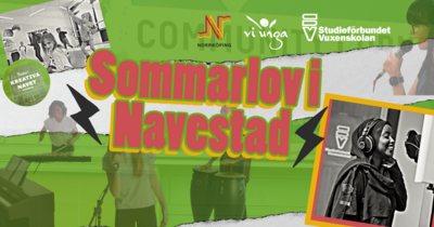 Affisch för 'Sommarlov i Navestad' med ungdomar som musicerar och logotyper för arrangörer.