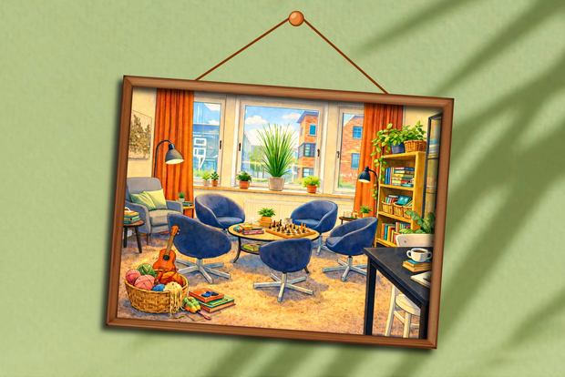 Målning av ett mysigt vardagsrum med blå fåtöljer, växter, böcker och ett schackbräde.