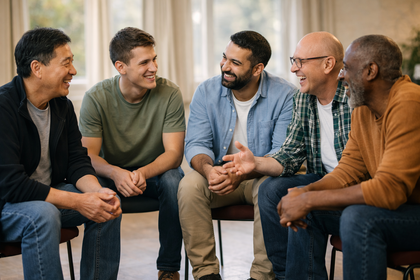 Fem män sitter i en cirkel och samtalar i en ljus inomhusmiljö.