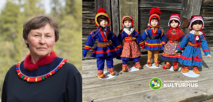 Kvinna i samisk dräkt och fem samedockor i traditionella kläder utomhus.