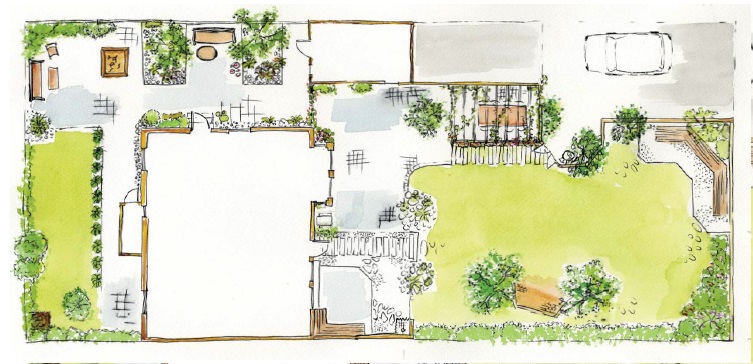 Färgad trädgårdsplan med gräsmatta, träd, gångar, sittplatser och biluppfart.