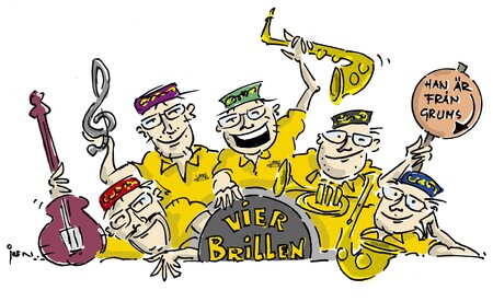 Tecknad bild av ett glatt band i gula kläder med instrument och skylten 'Han är från Grums'.