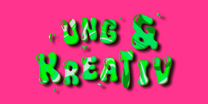 Texten 'Ung & Kreativ' i gröna, lekfulla bokstäver mot en stark rosa bakgrund.