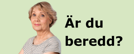 Kvinna med armarna i kors står bredvid krislåda och nödvändigheter, texten 'Är du beredd?' och logotyper för Lunds kommun och Studieförbundet Vuxenskolan.