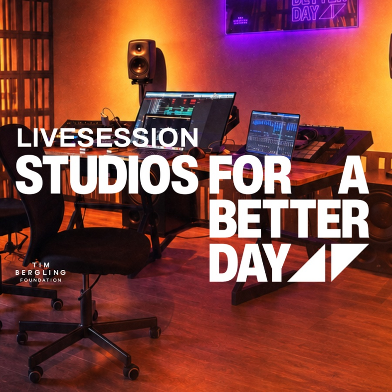 Musikstudio med två datorer, högtalare och stolar, upplyst i varma färger. Text: 'Studios for a better day'.