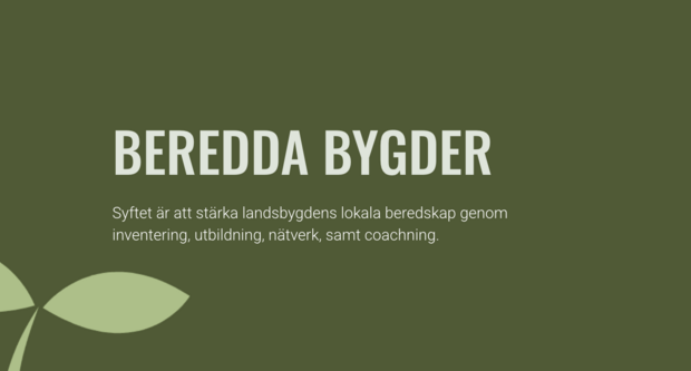 Grön bakgrund med texten 'Beredda bygder' och information om att stärka landsbygdens beredskap.