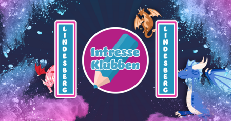 Färgglad illustration med texten 'Intresse Klubben Lindesberg', pennikon och tecknade drakar mot blå och rosa bakgrund.