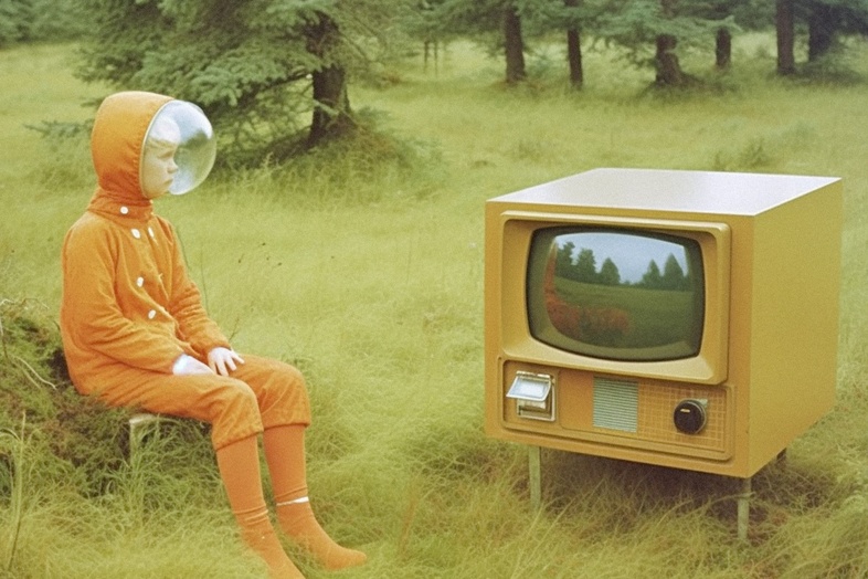 Person i orange rymddräkt sitter på gräs bredvid en retro TV i en skog.