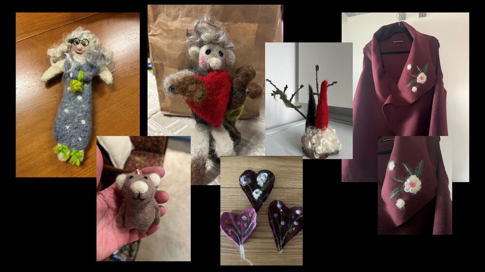 Flera handgjorda tovade ullfigurer och dekorationer, inklusive dockor, hjärtan och en kappa med blommor.