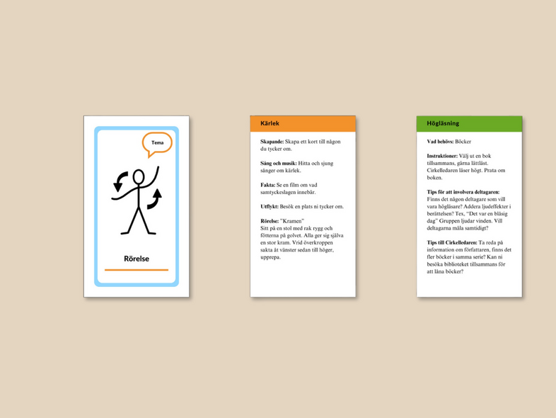 Tre informationskort på beige bakgrund, ett med en streckgubbe och pratbubbla, två med text.