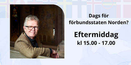 Äldre man sitter på en bänk, text om ett eftermiddagsevenemang om förbundsstaten Norden.
