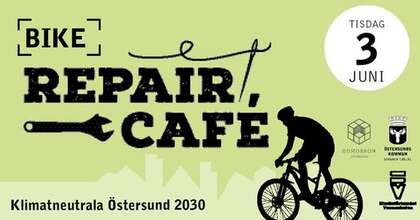 Affisch för Bike Repair Café i Östersund den 3 juni, med siluett av en cyklist och text om klimatneutralitet 2030.