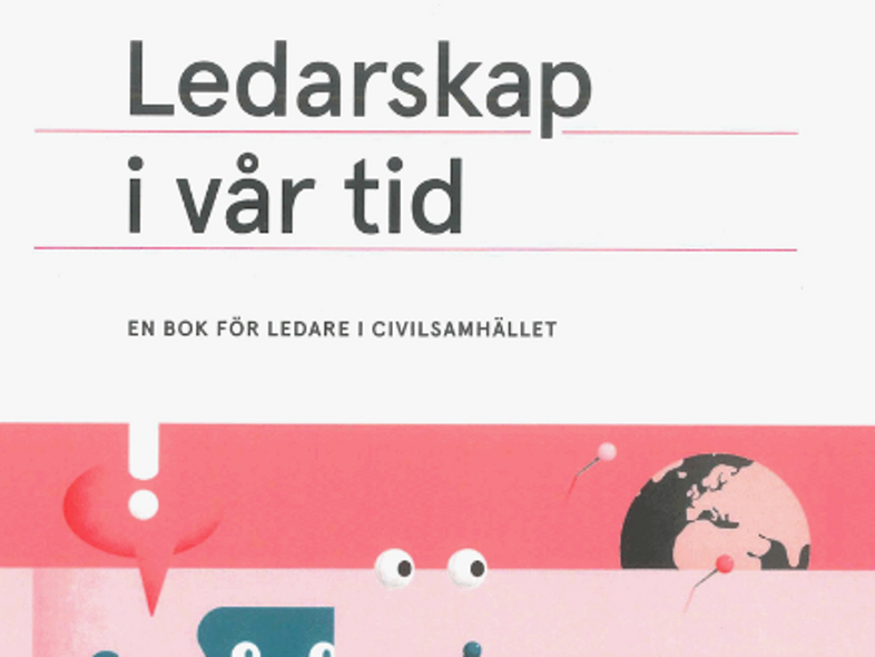 Bokomslag med titeln 'Ledarskap i vår tid', illustration av ansikte, hand, megafon och jordglob i rosa och blå toner.
