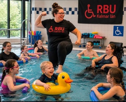 Glada barn och vuxna deltar i simaktiviteter i en inomhuspool, ledda av en instruktör från RBU Kalmar län.