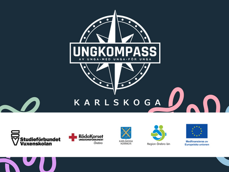 Logotyp för Ungkompass Karlskoga med samarbetspartners och EU-finansiering, mot mörk bakgrund.