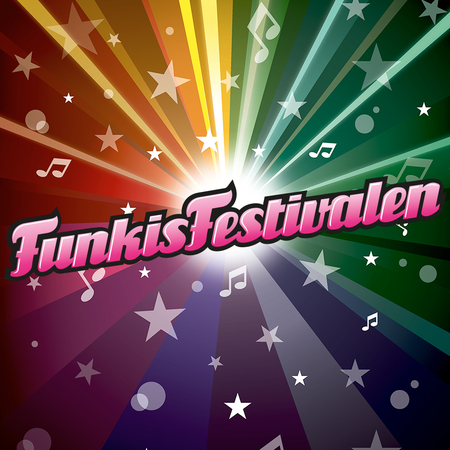 Färgglad grafisk bild med texten 'FunkisFestivalen', stjärnor och musiknoter mot en regnbågsfärgad bakgrund.