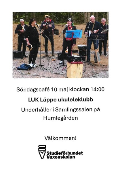 En grupp människor spelar instrument utomhus, affisch för ukuleleklubbens uppträdande på Humlegården.
