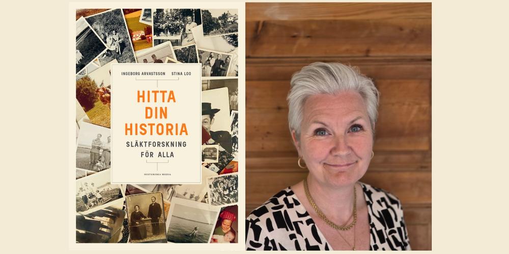 Bokomslag till 'Hitta din historia: släktforskning för alla' och en person med kort grått hår mot trävägg.