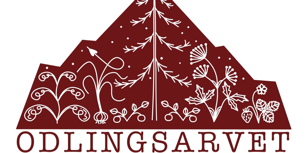 Logotyp med stiliserade växter och bergsform i vinrött, texten 'ODLINGSARVET' under.