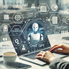 Person skriver på laptop med illustration av AI-robot och texten ChatGPT på skärmen.