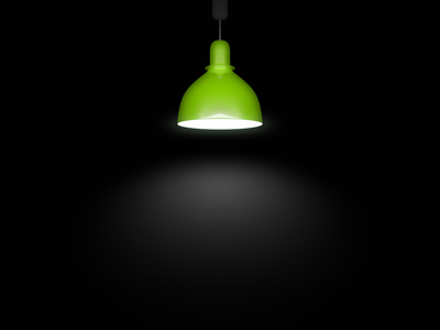 En grön taklampa lyser upp ett mörkt rum med ett koncentrerat ljussken under sig.