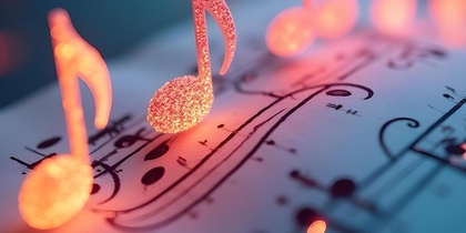 Glittrande noter i orange ljus står på ett notblad med suddig bakgrund.