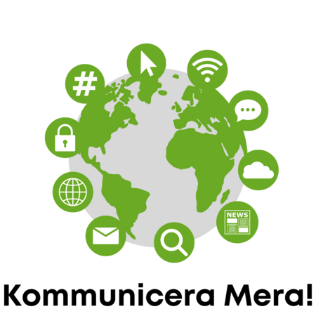 Grön jordglob omgiven av ikoner för kommunikation och internet, med texten 'Kommunicera Mera!' under.