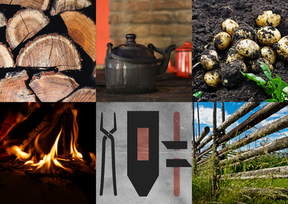 Sexdelad bild med vedträn, kaffepanna, potatis i jord, eld, smidesverktyg och en trästaket på landsbygd.