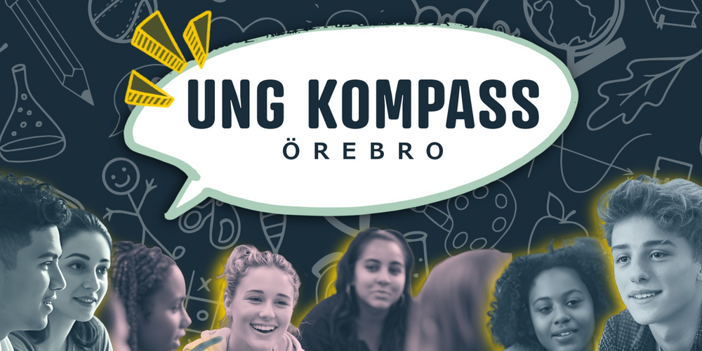 Illustration med pratbubbla och texten 'Ung Kompass Örebro', ungdomar sitter i grupp, ansikten är suddade.