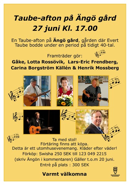 Affisch för Taube-afton på Ängö gård 27 juni kl 17 med artistnamn, foton och information om biljetter.