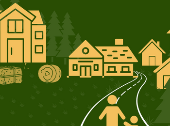 Illustration av en lantlig by med hus, ladugård, skog, väg och två personer, samt stad i bakgrunden.