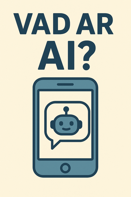 Illustration av en mobil med en pratbubbla och robotikon, samt texten 'Vad är AI?' ovanför.