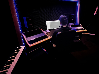 En person sitter vid ett mixerbord i en mörk inspelningsstudio med blå LED-belysning runt arbetsytan.