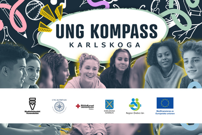 Affisch för Ung Kompass Karlskoga med ungdomar, logotyper och färgglad bakgrund.