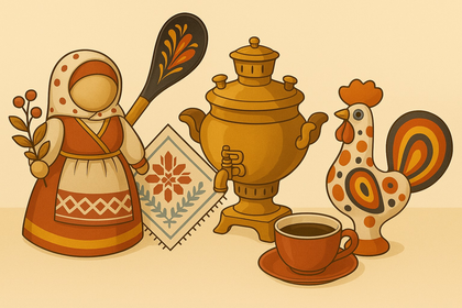 Illustration av ryska traditionella föremål: docka, samovar, tupp, kaffekopp och broderi i varma färger.