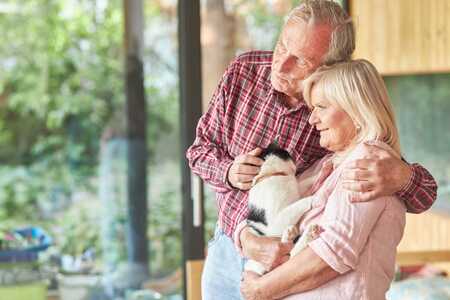 Ett äldre par står tillsammans och tittar ut genom ett fönster. Kvinnan håller i en svart och vit katt. Mannen håller sin ena arm runt kvinnan och klappar katten med den andra handen.